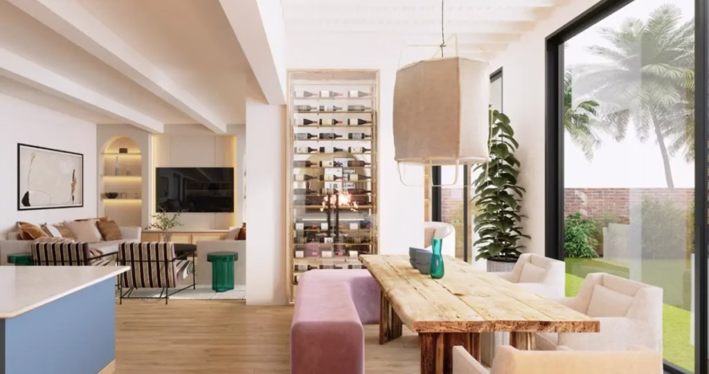 3D rendering of a living space by Tünde Hendricks Design, illustrating interior layout and décor for a home renovation in Ras Al Khaimah