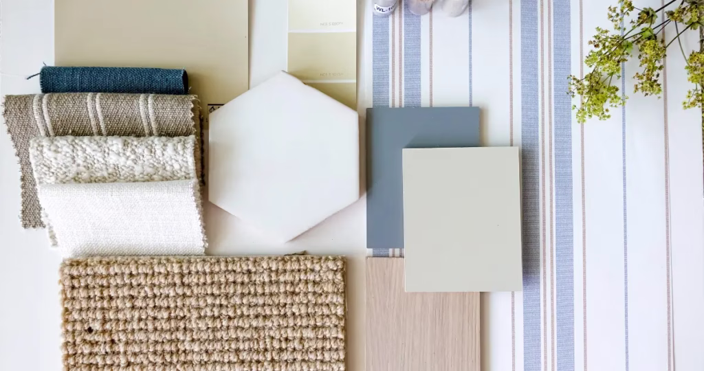 Interior design mood board by Tünde Hendricks, showing colour palettes, textures, and materials for a home renovation in Ras Al Khaimah