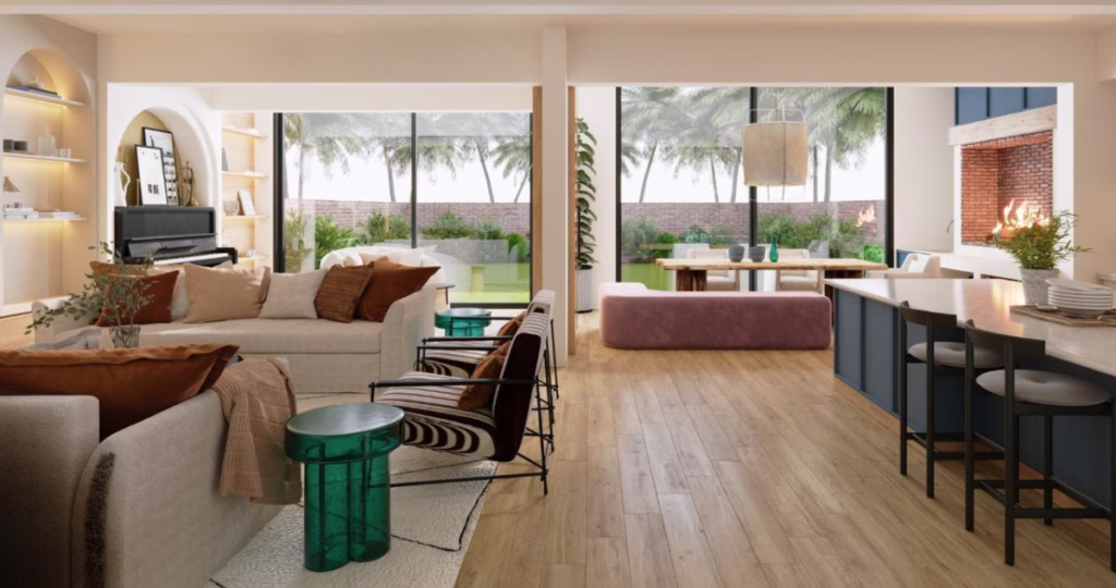 3D rendering of a kitchen/living area opening onto a terrace.