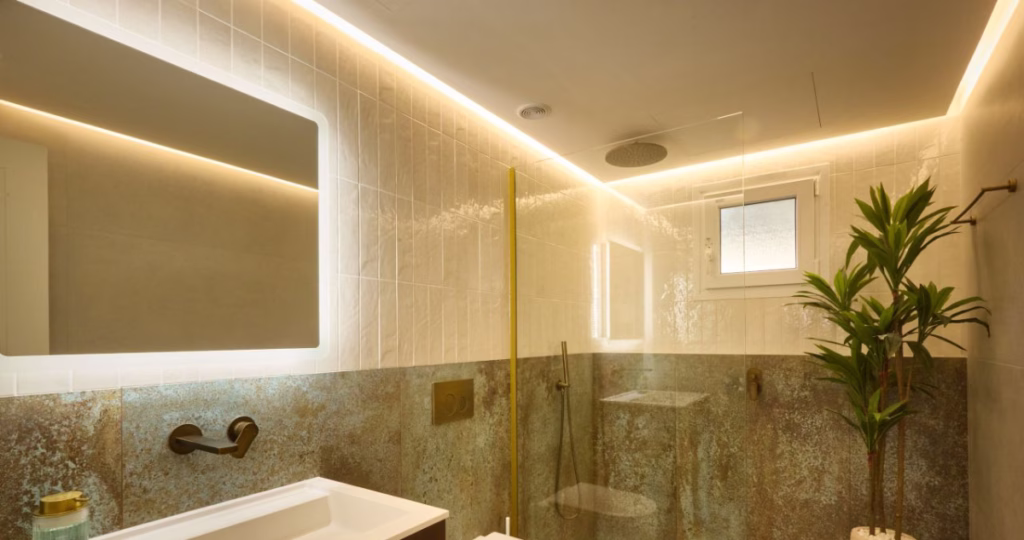 LED lighting in a bathroom highlighting walls and corners.