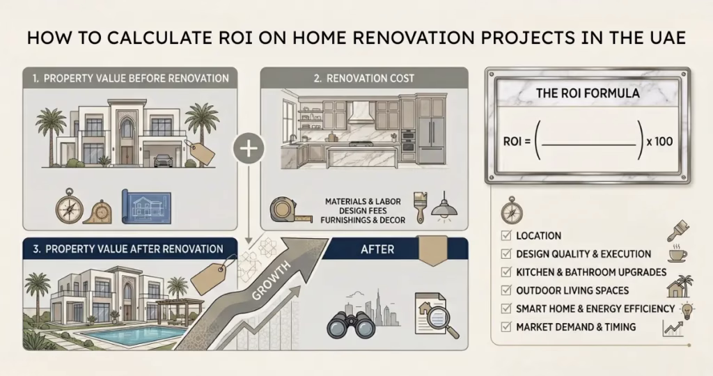 architectural infographic structure showing UAE villa interior and exterior illustrations for customizable property value comparison and ROI analysis (No text overlay, clean graphic).