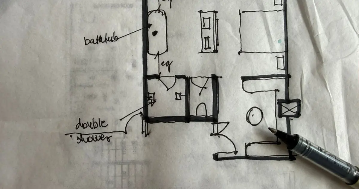 A close-up photograph of a designer's hand holding a high-quality pen, making precise markings on physical, detailed architectural floor plans laid out on a rustic wooden desk. Illustrating technical planning and structural execution.