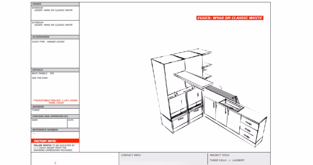 Technical production plan for a bespoke laundry room, detailing integrated washer and dryer housing, flush floor-to-ceiling cabinetry, and a pull-out drying rack designed to maximize spatial efficiency.