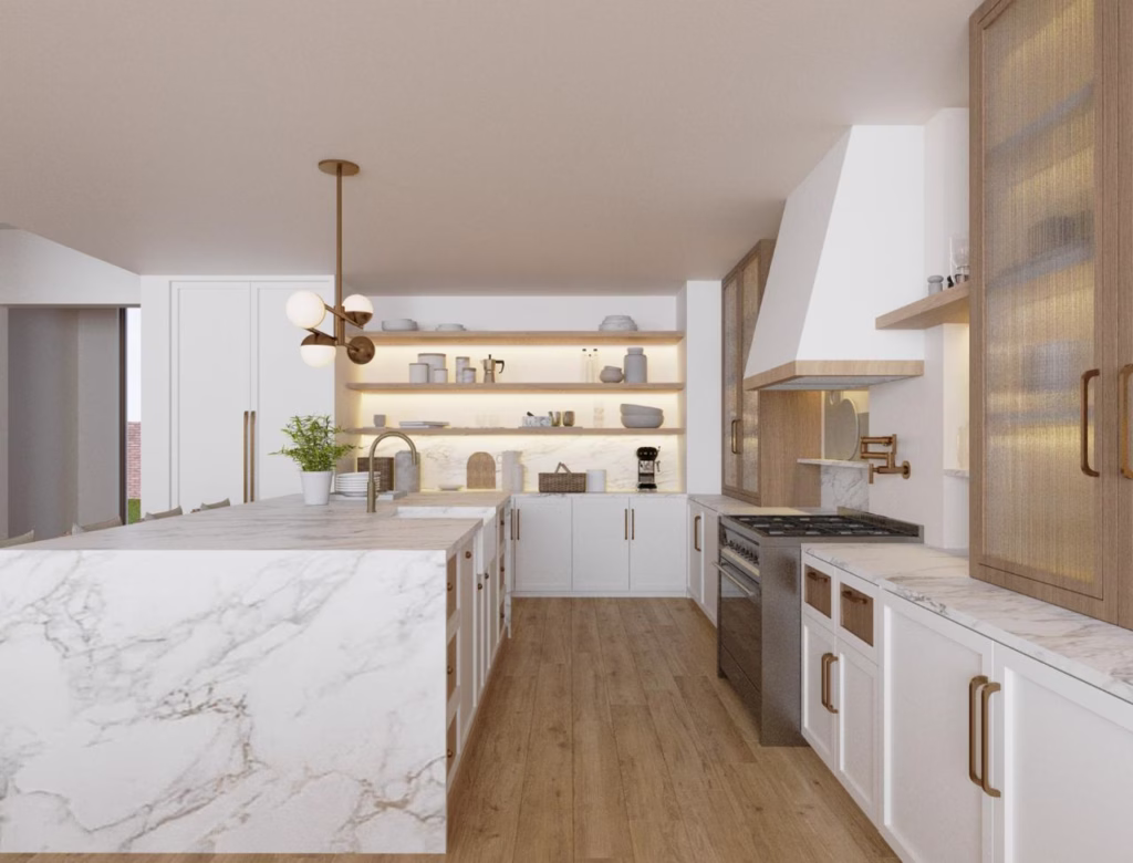 Side view of a high-end kitchen workspace featuring a professional range cooker, integrated marble splashback, custom range hood, and fluted glass display storage.