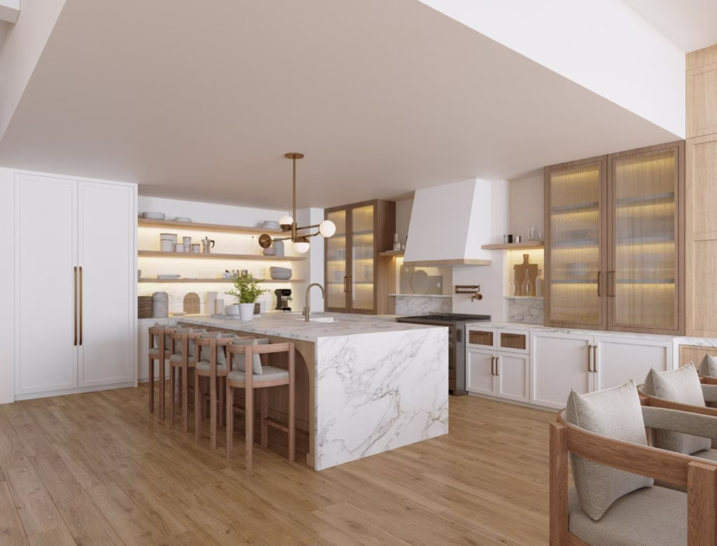 Luxury kitchen design with a seamless white marble island, oak bar stools, fluted glass cabinets, and warm ambient under-shelf lighting.