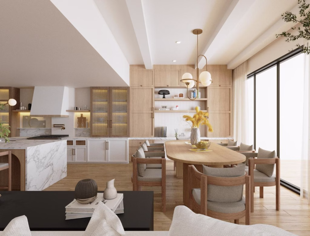 Elegant dining room featuring an oval oak dining table, contemporary brass pendant light, and full-height built-in timber storage units next to large sliding glass doors.
