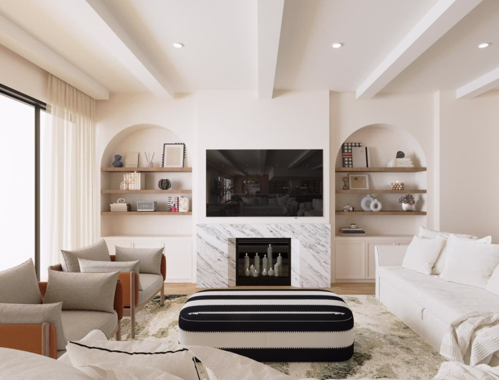 Contemporary living room showcasing a symmetrical TV wall with twin recessed arches, floating oak shelves, integrated marble fireplace, and elegant drop ceiling beams.