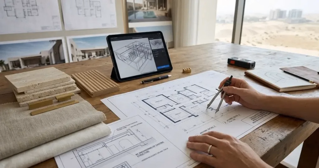An architect reviewing detailed floor plans, custom joinery schematics, and high-end material swatches for a luxury villa renovation in Ras Al Khaimah.