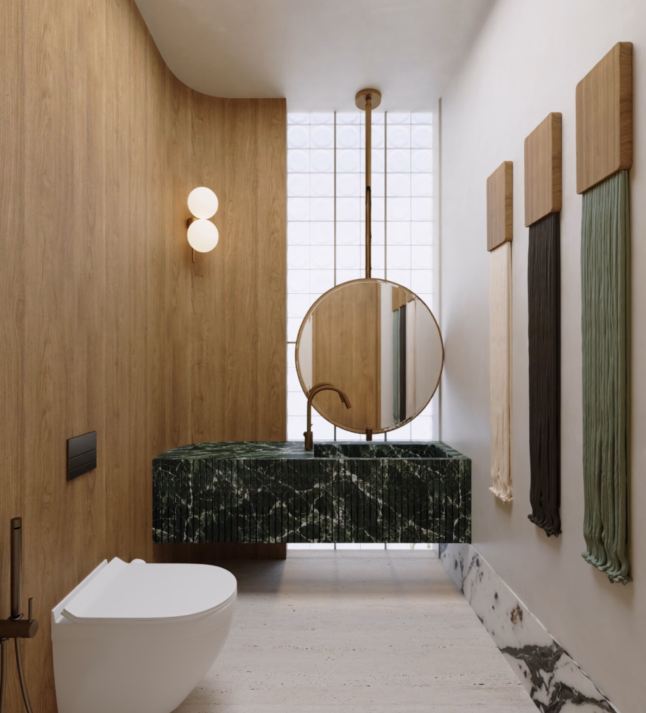 3D render of the family powder room in Villa Zayed featuring a green marble floating vanity, ceiling-hung circular mirror, and textured wall hangings.