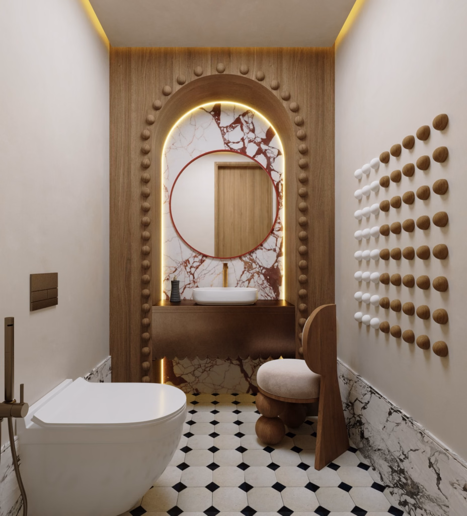 3D render of the formal powder room in Villa Zayed showcasing a beaded timber arch, burgundy-veined marble wall, and tactile wood wall art.
