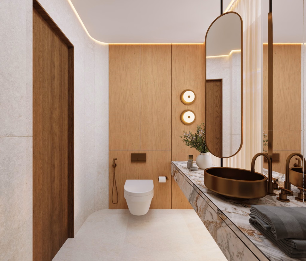 3D render of an en-suite bathroom in Villa Zayed featuring seamless oak wall paneling, circular wall sconces, and a bronze vessel sink.