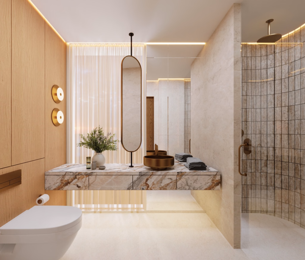 3D render showing a front perspective of a floating marble vanity, bronze sink, oval mirror, and warm wood wall paneling in Villa Zayed.