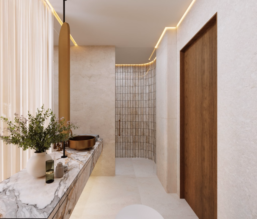 3D render of a luxury en-suite in Villa Zayed featuring a floating veined marble vanity, bronze vessel sink, ceiling-suspended mirror, and curved tile shower.