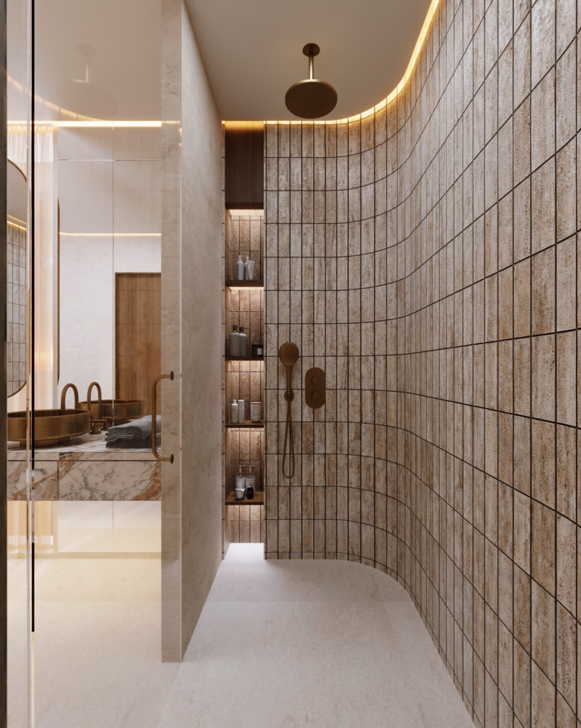 3D render of an en-suite bathroom in Villa Zayed featuring a curved walk-in shower lined with vertical travertine mosaic tiles and LED cove lighting.