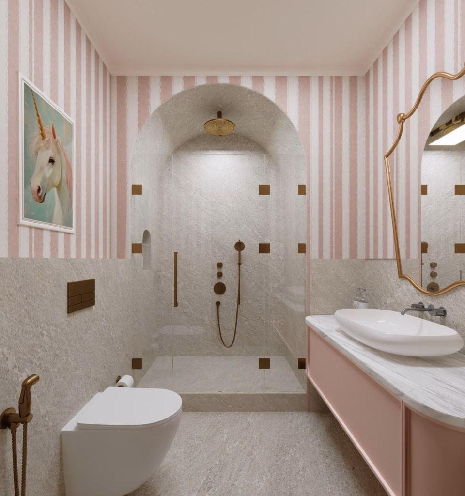 3D render of the girl's en-suite in Villa Zayed showing an arched walk-in shower alcove with brushed brass fixtures and pink striped walls.