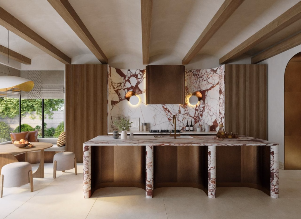 3D render of the Villa Zayed kitchen featuring a curved burgundy veined marble island, bronze finishes, and vaulted ceiling beams.