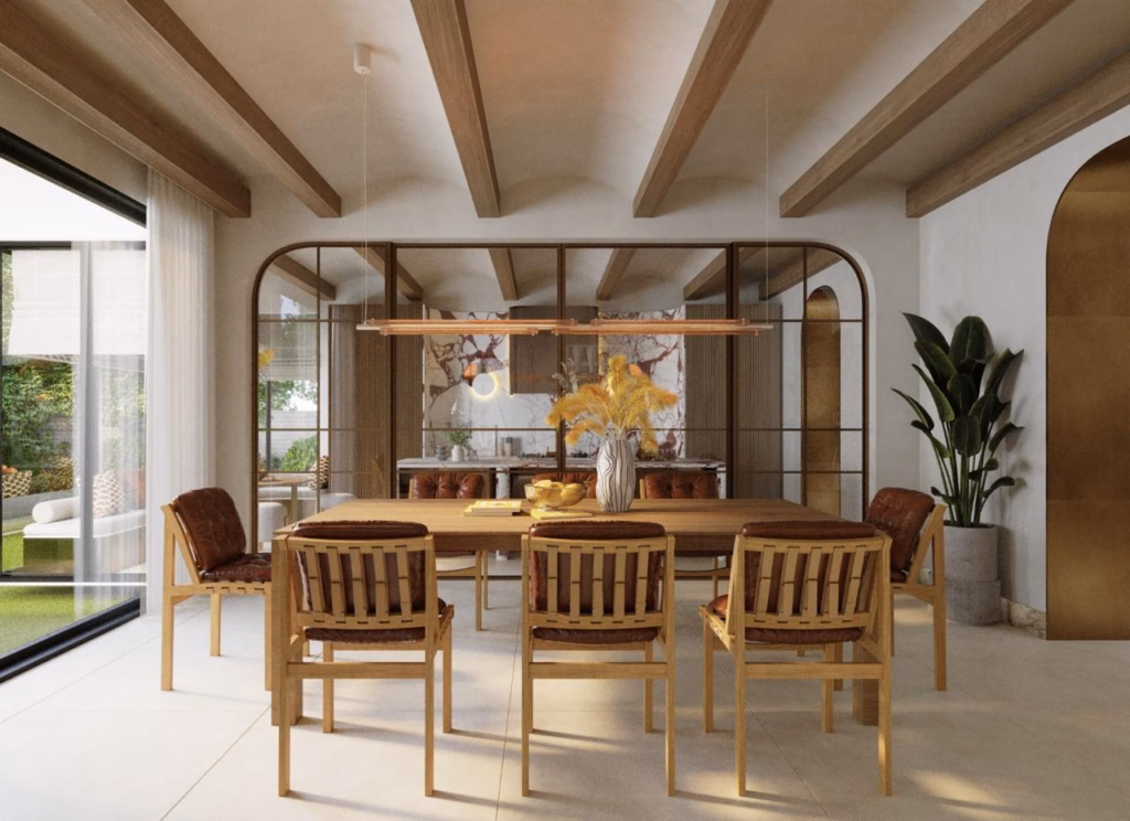 3D render of the Villa Zayed dining room showing a solid wood table with woven leather chairs, vaulted ceilings, and glass partition doors.