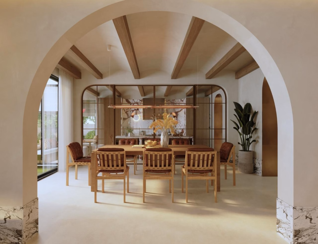 3D render viewing the Villa Zayed dining area through a large plastered architectural archway.