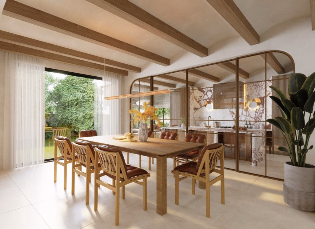 3D render highlighting the spatial flow between the dining table and the glass-partitioned kitchen in Villa Zayed.