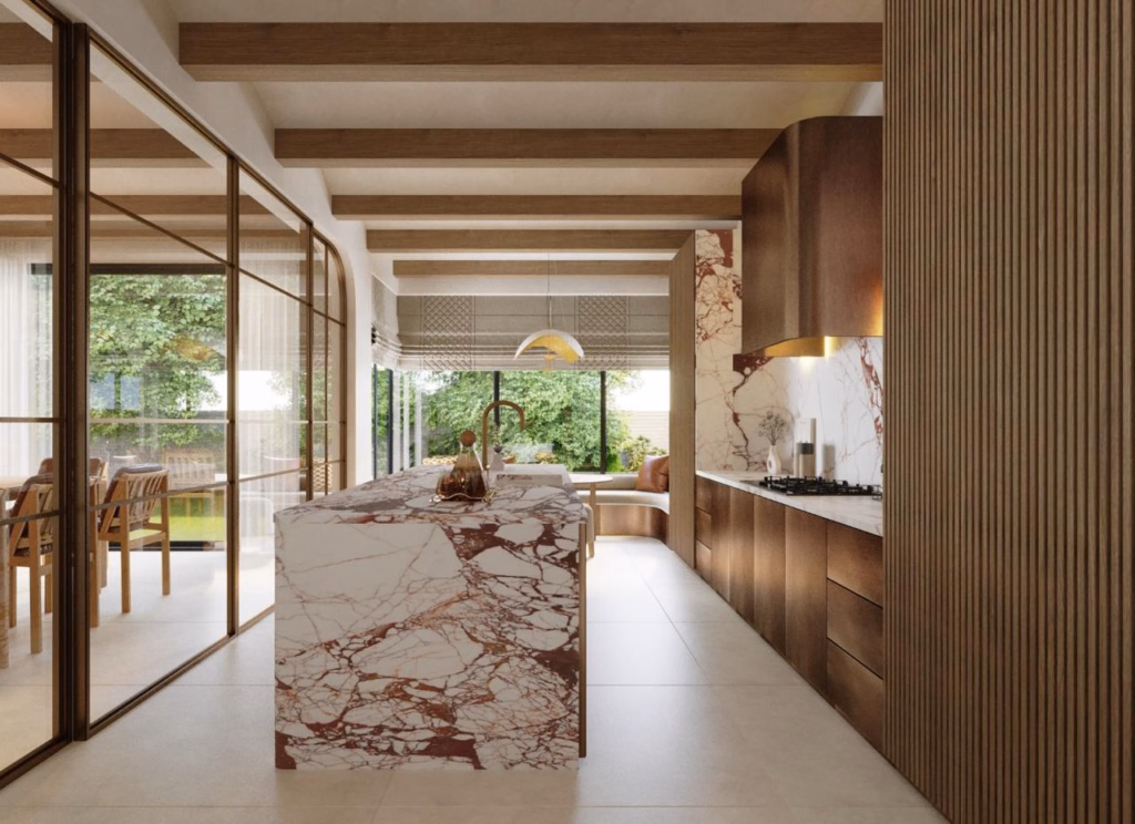 3D render of the Villa Zayed kitchen with fluted wood cabinetry, dramatic marble island, and a sunny built-in breakfast nook.