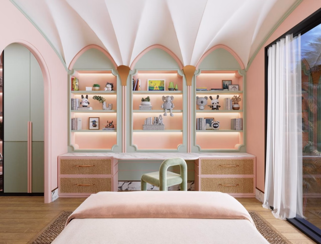 3D render displaying the symmetrical arched shelving and study desk with rattan drawers in the girl's suite of Villa Zayed.