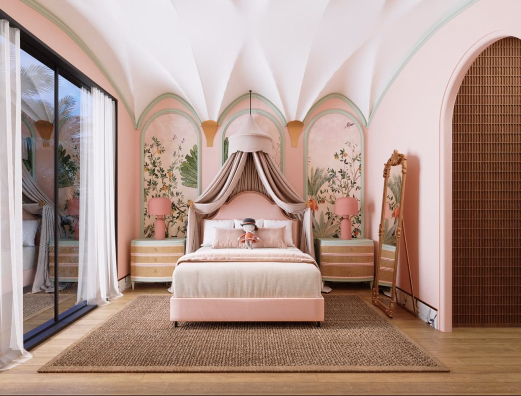 3D render of the girl's bedroom in Villa Zayed featuring Gucci-inspired botanical wallpaper panels behind a canopy bed and vaulted ceiling architecture.