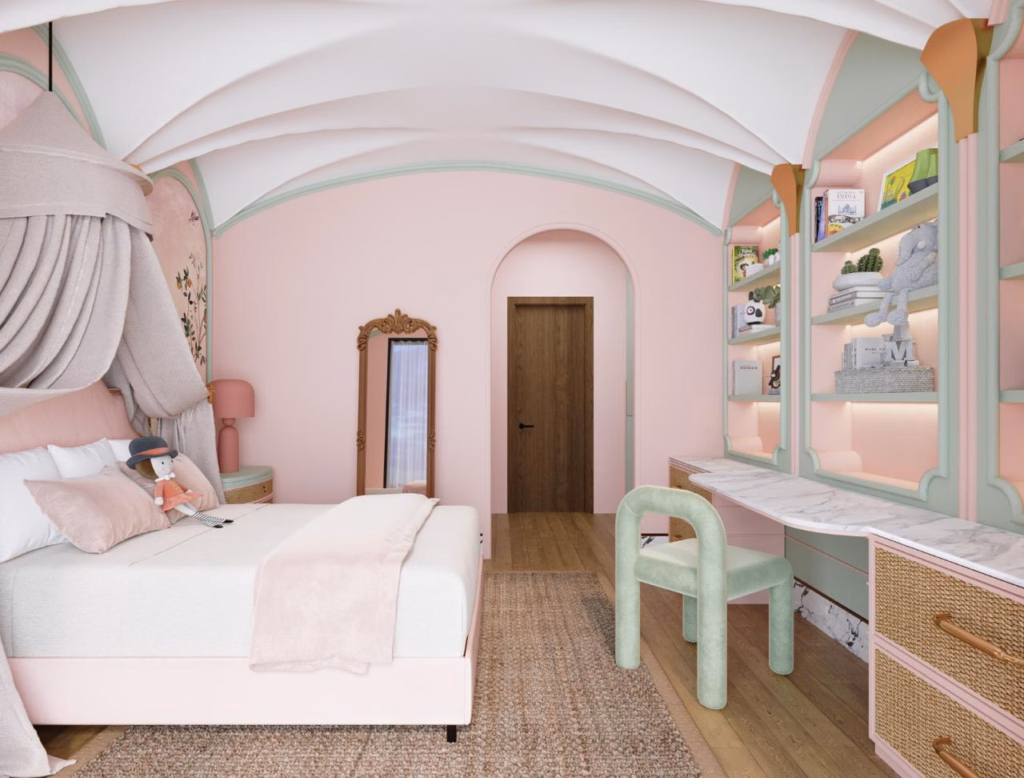 3D render of the girl's bedroom in Villa Zayed showcasing a marble-top built-in study desk with arched pastel green shelves, a vault-like ceiling, and pink walls.