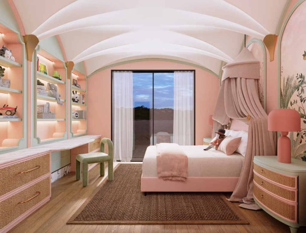 3D render of a princess-inspired girl's bedroom in Villa Zayed featuring a canopy bed, vaulted ceiling, built-in study area, and floor-to-ceiling window.